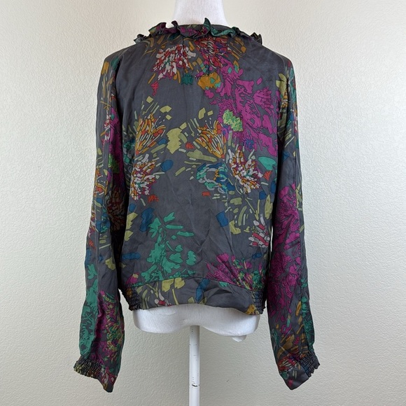 Johnny Was 100% Silk Green and Purple Tie Front Embroidered Blouse Size Small - Picture 4 of 8